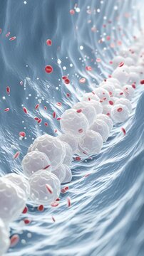 3D illustration of white blood cells and red blood cells flowing through a blood vessel.