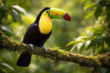 Obraz premium Keel billed toucan perched on mossy branch in tropical rainforest environment with vibrant green foliage background