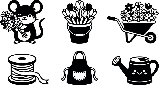 Cute cartoon mouse holding flower bouquet with potted tulips wheelbarrow full of flowers spool of ribbon apron and smiling watering can in vector art