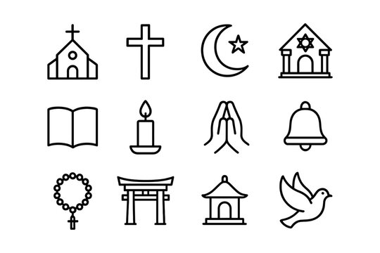 Simple line icons of religious symbols including church, mosque, synagogue, and dove