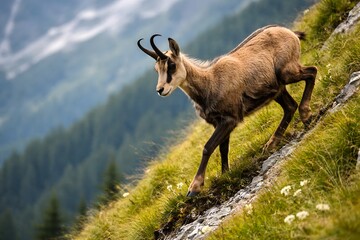 Fototapeta premium Alpine chamois goat climbing steep mountain slope during daylight with blurred forest and peaks in distance scene
