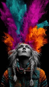Una mujer con trenzas mirando hacia arriba, rodeada de una explosi&oacute;n de colores vibrantes.