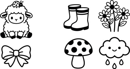 Naklejka premium Cute vector art of smiling lamb with ladybug sitting next to rain boots flowers bow mushroom and happy cloud raining drops