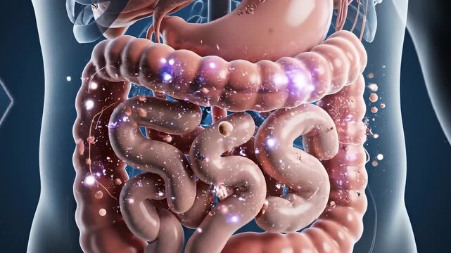 Human Digestive System 3D Render: Gastrointestinal Tract with Gut Microbiome, Bacteria, and Nutrients for Digestive Health Concept