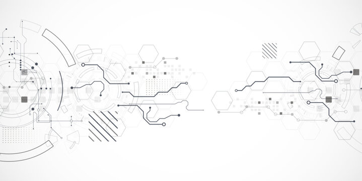 Technological background in gray colors. Used technical lines and a pattern of squares with different shades of gray.