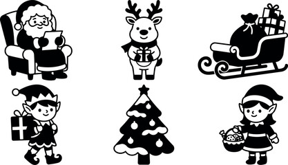 Obraz premium Black and white vector art of santa claus reading list reindeer holding gift elf carrying present christmas tree and female elf with basket of cookies plus sleigh full of gifts