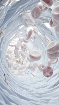 Close-up view of red and white blood cells flowing through a vein or artery.