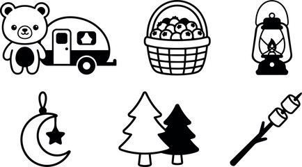 Naklejka premium Black and white simple camping icons with teddy bear camper basket lantern moon trees and marshmallow stick