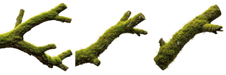 Mossy tree branches set isolated on white background, green moss covered wood sticks for forest nature design elements © michael