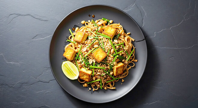Delicious vegan pad thai recipe with crispy tofu and fresh vegetables