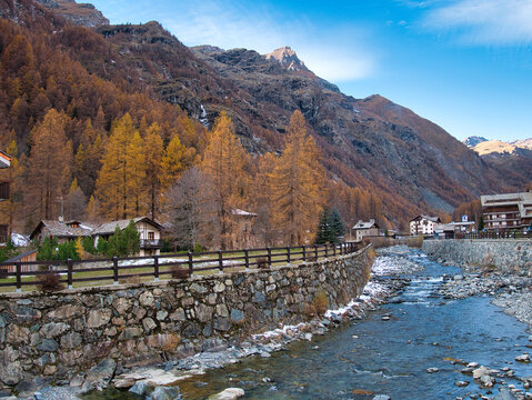 Autumn walk along the Lys River. Gressoney-La-Trinit&eacute;, Aosta Valley, Italy.