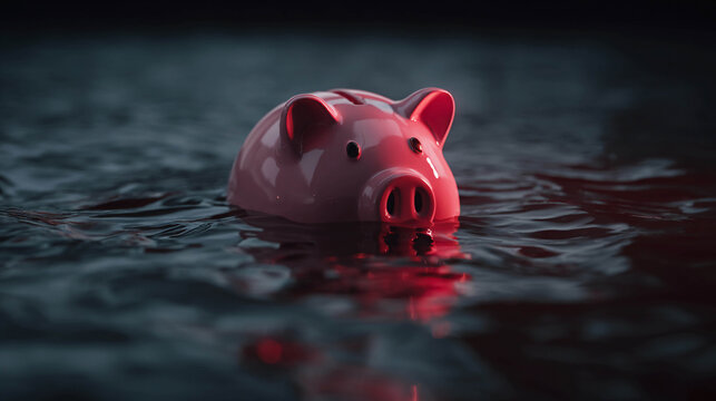 A pink piggy bank is half submerged in dark water. The concept of a financial crisis, debt, bankruptcy, and drowning savings.