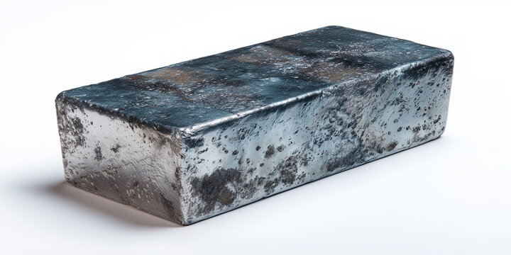 bluish grey zinc metal ingot with large crystalline surface pattern isolated on white background