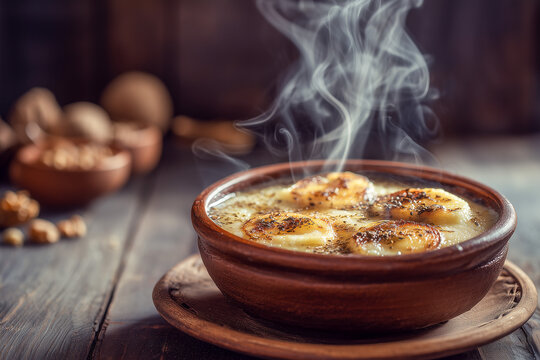 tohot cornmeal ghomi with melting cheese and walnut sauce in traditional georgian kitchen