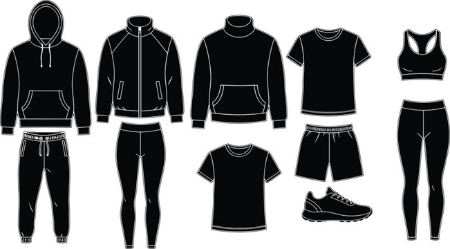 Black Flat Vector Activewear Set Including Hoodie Sweatshirt Tracksuit Leggings Sports Bra T-shirt And Sneakers For Fitness Apparel Mockup And Clothing Design Template