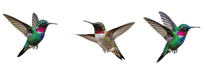 Fototapeta premium Collection of colorful hummingbirds in flight isolated on white background