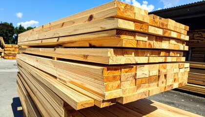 Stacked Wooden Planks of Various Sizes and Grains Under Blue Sky