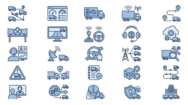 Fleet Management Icons Set for Remote Trucking Telematics Autonomous Vehicle Technology Logistics Operations Dispatch Support Dashboard Monitoring Supply Chain Automation Digital Transportation System