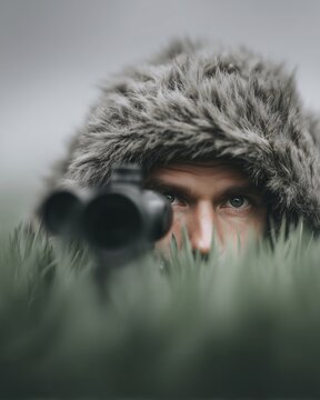 Soldier in ghillie suit with sniper rifle, camouflaged in tall green grass. Focused male eyes looking through scope, muted tones, military aesthetic