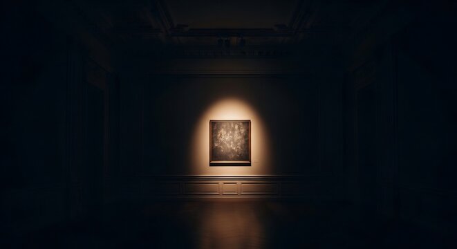 Illuminated Artwork in a Dark Museum Gallery Spotlit Display.