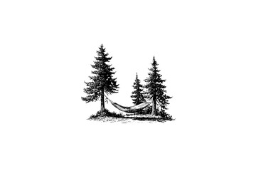 Obraz premium hammock Vintage Camping Gear Illustration, Rustic Outdoor Heritage Vector, Hand Drawn Engraving Style, Retro Americana Aesthetic, Black and White Linocut Graphic for Branding and Apparel Design