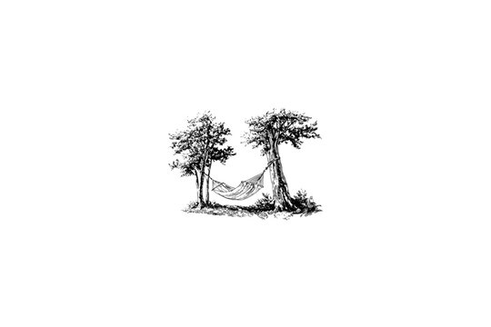 hamak Camping Gear Illustration, Rustic Outdoor Heritage Vector, Hand Drawn Engraving Style, Retro Americana Aesthetic, Black and White Linocut Graphic for Branding and Apparel Design