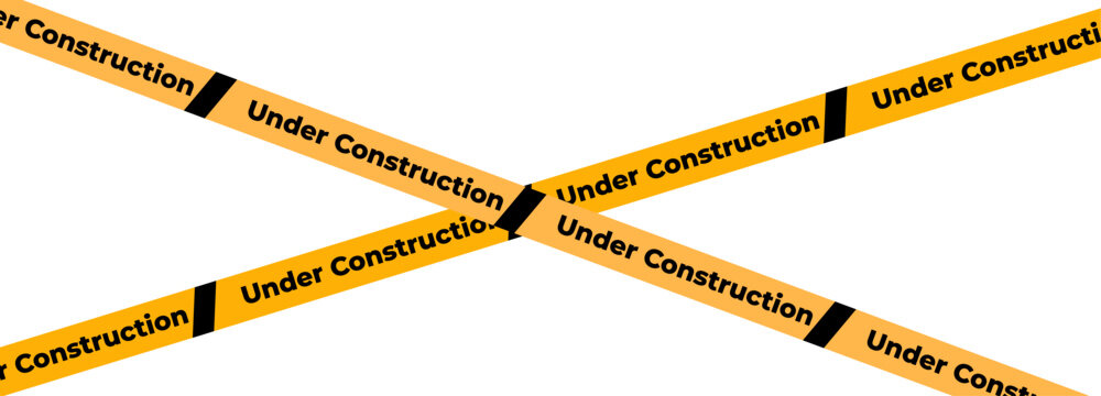 Under construction sign with yellow warning tape safety stripe. Caution barrier stripe for safety zone, blocked area, website page, road work, site maintenance, redesign progress. Vector illustration.