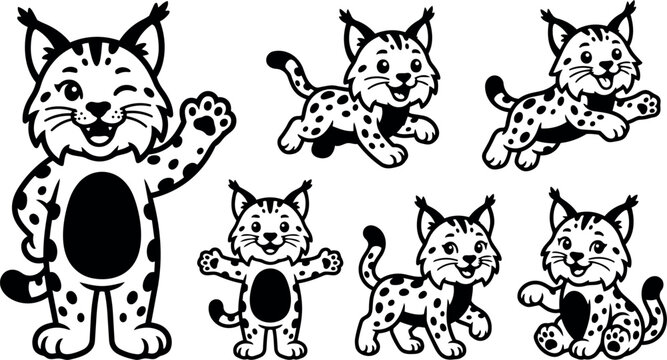 Cartoon style black and white happy lynx characters showing different playful poses and waving with smiling faces vector art collection