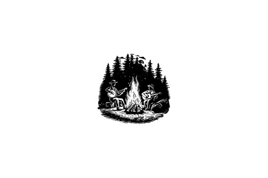 Vintage vector sketch of friends camping at night in the forest. Engraving style digital illustration of people sitting near a campfire and playing banjo.