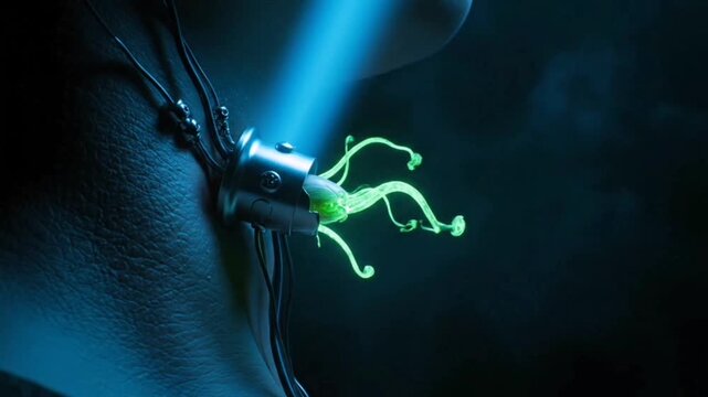 Extreme Cybernetic Port Sprout: Bio-Engineered Seed Growing from Neck Implant in Dark Cyberpunk Bar