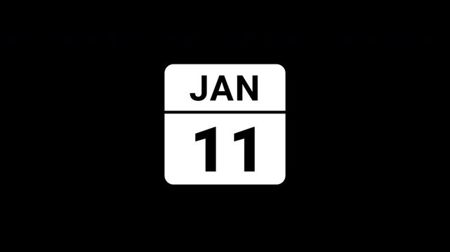 Animated Calendar Icon January 11th Date White Isolated On Black Background