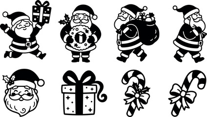 Obraz premium Black and white vector art of jolly santa claus with gifts wreath and candy cane icons for christmas holiday decoration design