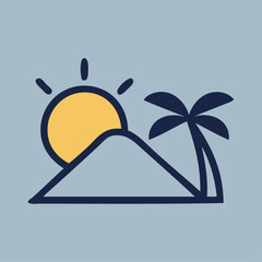 Logo agencia de viajes. Vacaciones de verano. Dibujo sencillo con líneas de un paisaje con la palma, una isla con montaña y sol con relleno color amarillo, con fondo gris © teracreonte