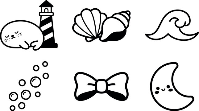 Cute minimalist black and white line art sleeping seal near lighthouse seashells ocean wave soap bubbles bow tie and smiling moon icons set