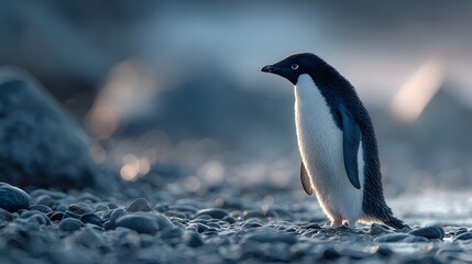 Fototapeta premium Hyper-realistic Adelie penguin proudly stands on a smooth pebble beach in Antarctica as soft arctic sunlight highlights its sleek feathers.