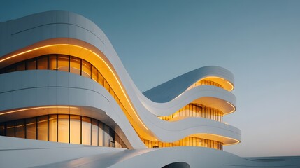 Fototapeta premium Futuristic modern building displays flowing curvy white concrete facades and glowing amber windows against a clear gradient sky at twilight.