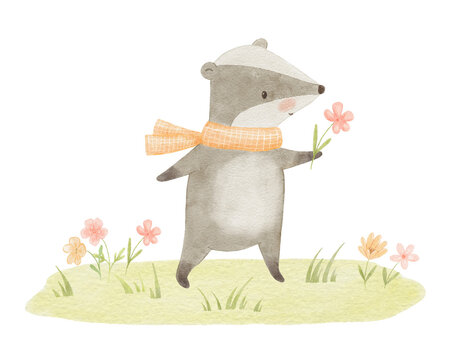 Watercolor cute funny budger with flower on grass. Nature clipart featuring woodland animal for cards and nursery posters. Hand drawn isolated illustration