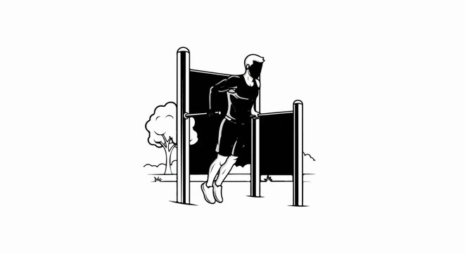 Person performing dip exercise on parallel bars outdoors with trees in background