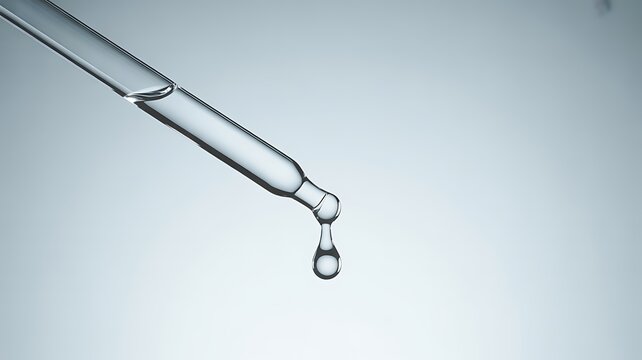 Close-up of a single drop of liquid falling from a glass pipette