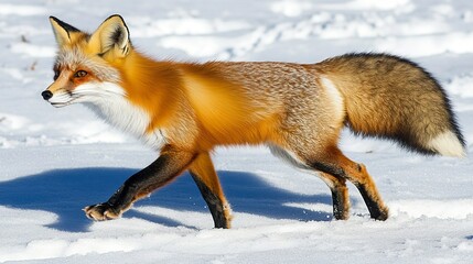 Fototapeta premium Graceful red fox exploring a snowy landscape, fluffy tail trailing behind in a winter wonderland.