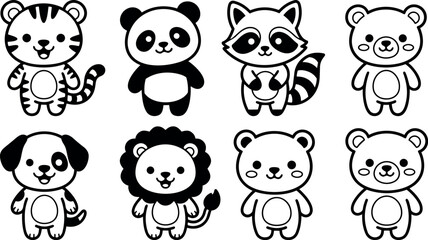 Fototapeta premium Cute black and white kawaii style tiger panda raccoon dog lion and bear cartoon animal icons set