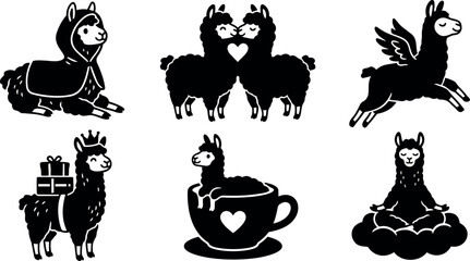 Fototapeta premium Cute black silhouette llamas in various poses including sleeping wearing hood carrying gifts kissing and meditating on cloud vector art