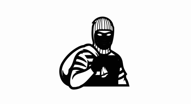 Stylized black and white cartoon of a masked burglar carrying a sack of loot
