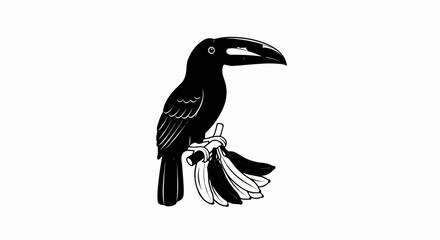 Fototapeta premium Black toucan perched on a branch with a bunch of bananas