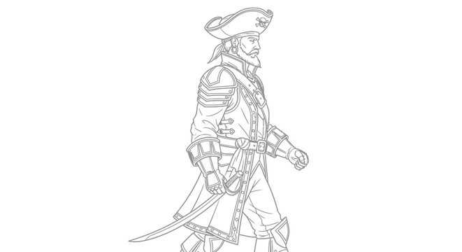 Pirate Captain Character Design, Line Art, Full Body, Walking Pose, Sword, Hat