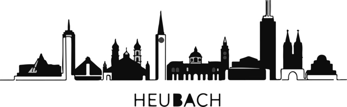 Black and white skyline silhouette with the name Heubach in the foreground