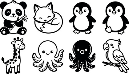 Fototapeta premium Cute black and white flat design animal icons including panda with bamboo fox curled sleeping penguins smiling giraffe octopus and parrot sitting on branch