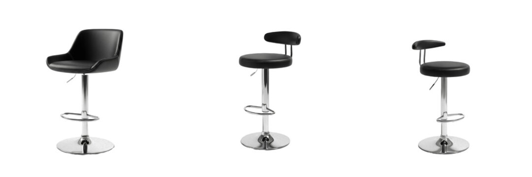 Collection of modern black leather adjustable bar stools with chrome base isolated on white
