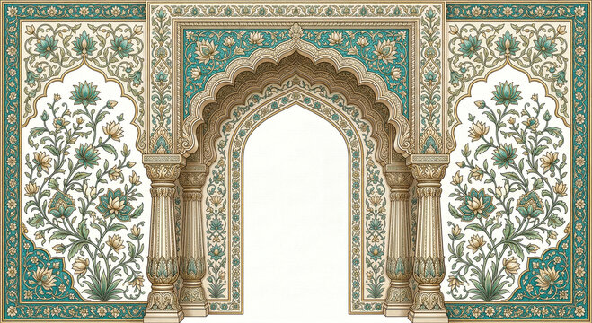An ornate detailed mughal archway with floral motifs and intricate patterns presented on transparent background high-quality professional