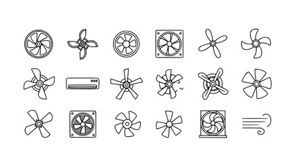 Minimalist propeller and ventilation fan icons collection with cooler rotor turbine and airflow symbols isolated on transparent background © MdAshik